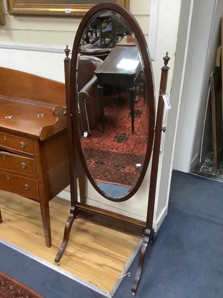 An Edwardian mahogany cheval mirror, width 60cm, height 158cm